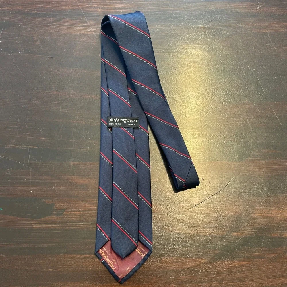 Yves Saint Laurent Navy Blue Red Striped Silk Tie YSL Monogram Logo